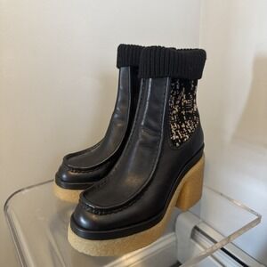 Chloe Black Leather Tweed Knit Cuff Crepe Platform Block Heel Ankle Boots